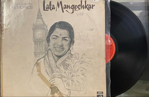Vinyl record with a cover featuring a stylized illustration of a woman and architectural elements, with 'Lata Mangeshkar' text.